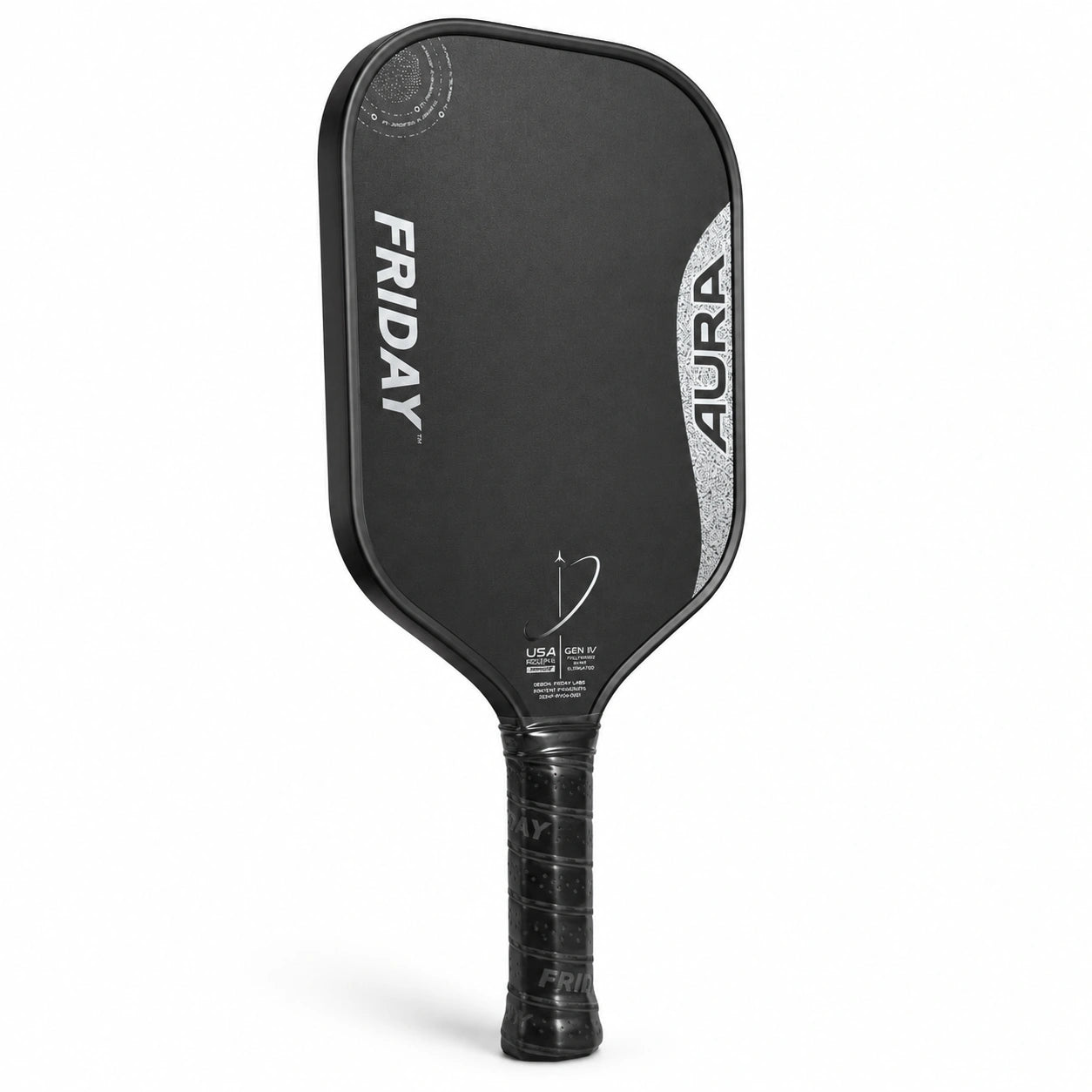 A black pickleball paddle with a textured grip handle, featuring 'FRIDAY' and 'AURA' printed in white on the paddle face, set against a plain white background.