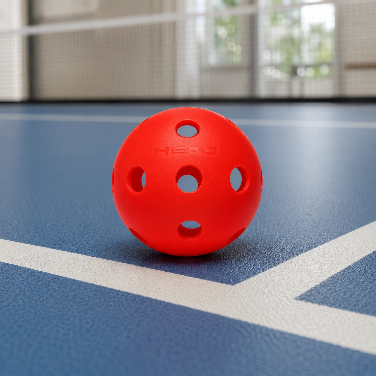 A red perforated pickleball ball with the brand name 'HEAD' embossed on it, resting on a blue indoor court with white boundary lines and a blurred net in the background.