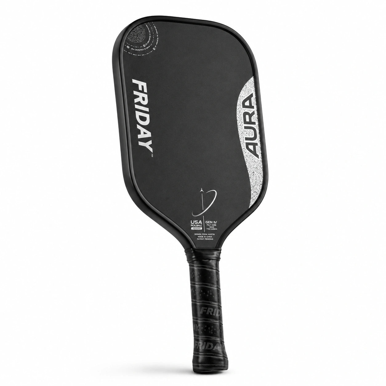 A black pickleball paddle with a textured grip handle, featuring 'FRIDAY' and 'AURA' branding in white on the paddle face, set against a plain white background.