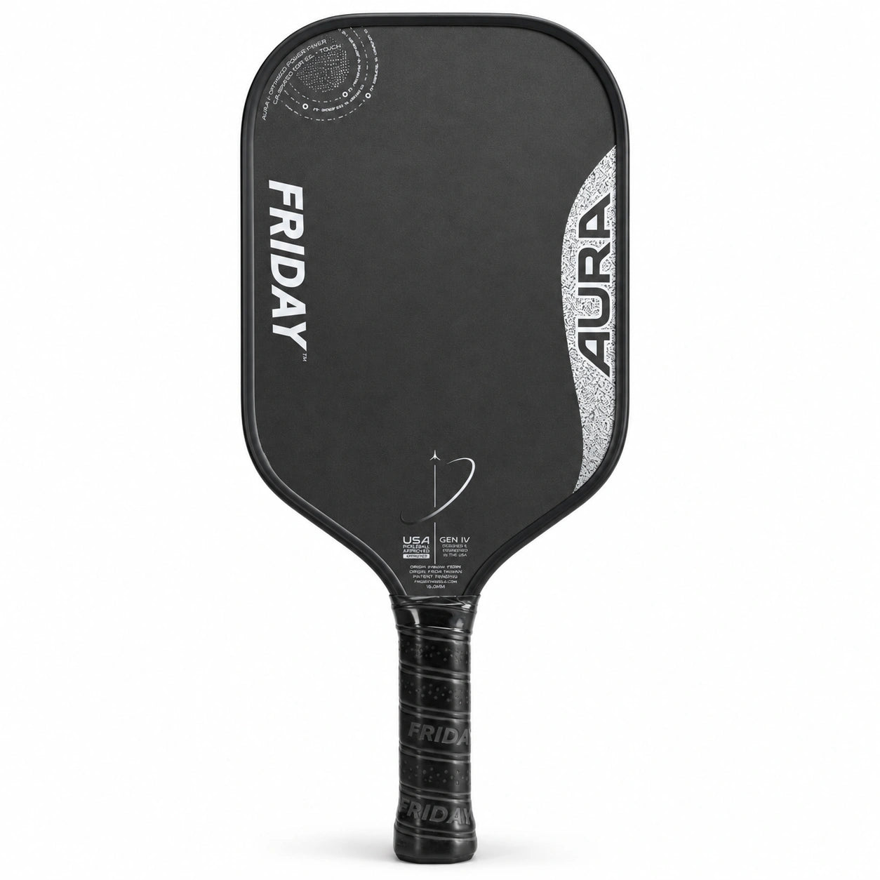 A black pickleball paddle with a textured black grip, featuring the white 'FRIDAY' brand name on the front and 'AURA' in white on a silver-gray curved accent on the side.